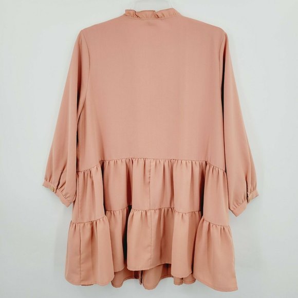 Entro Button-up Tiered Tunic Pink Size L Quarter Sleeve Solid Ruffle Split Neck - Picture 6 of 11